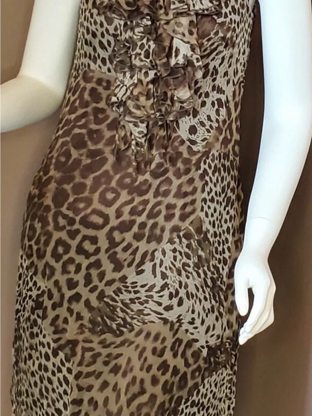 Laundry By Shelli Segal Brown and Cream Leopard-Print Ruffle Slip